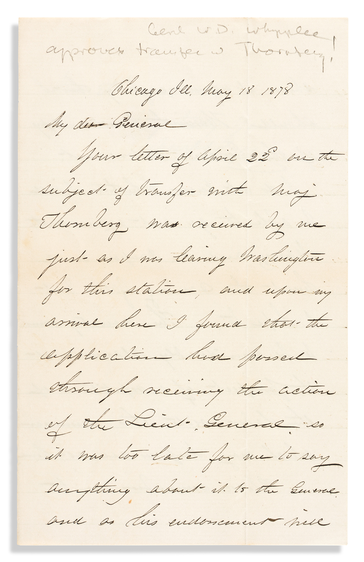 (WEST--COLORADO.) William Whipple. Letter confirming the transfer of the doomed Major Thornburgh of the Milk River Massacre.